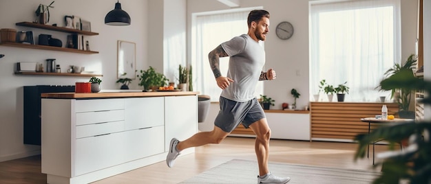 un homme court dans un gymnase avec une horloge sur le mur derrière lui