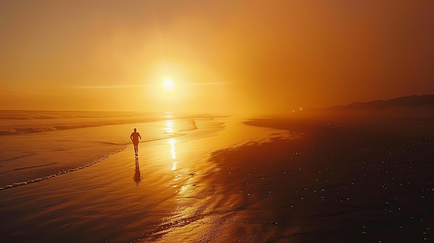 Photo un homme court le long de la plage au coucher du soleil alors que le soleil se couche sur l'océan le ciel est orange vif et l'eau est calme