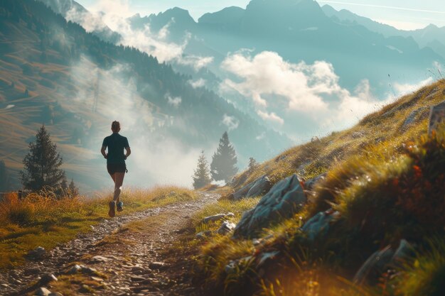 Photo un homme court sur un sentier dans les montagnes.