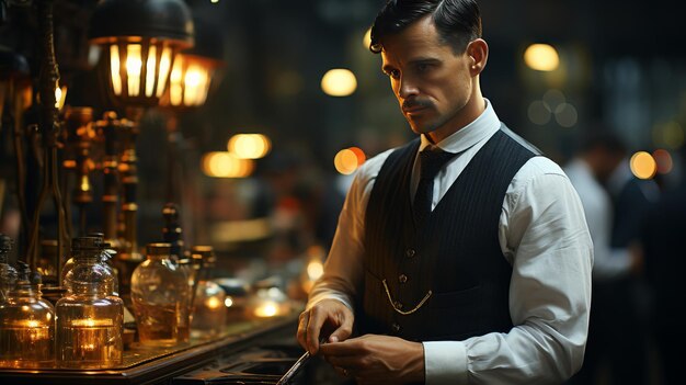 Un homme avec un couteau devant le bar.