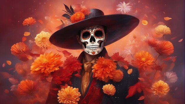 Homme à crâne dans un chapeau de sombrero mexicain avec des fleurs de marigold