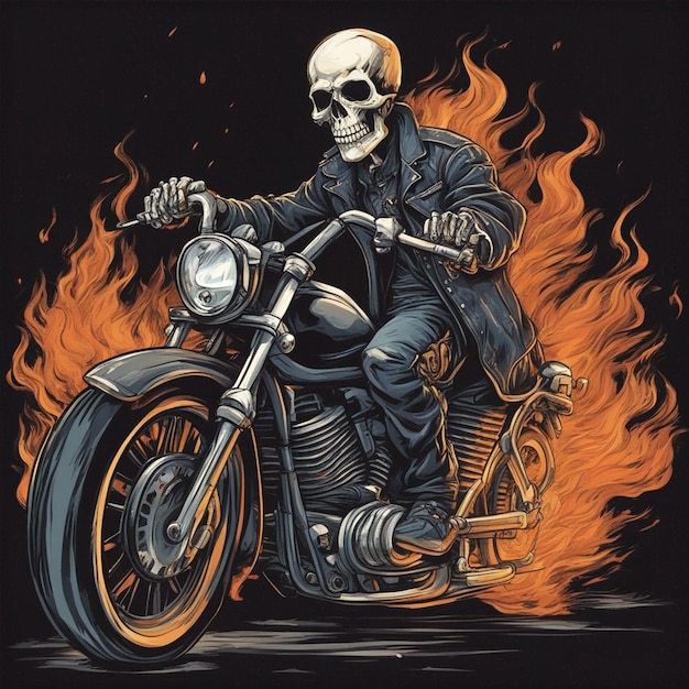 Homme à crâne avec design de t-shirt de moto de feu