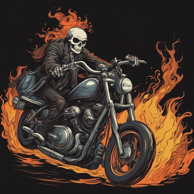 Homme à crâne avec design de t-shirt de moto de feu