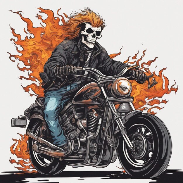 Homme à crâne avec design de t-shirt de moto de feu