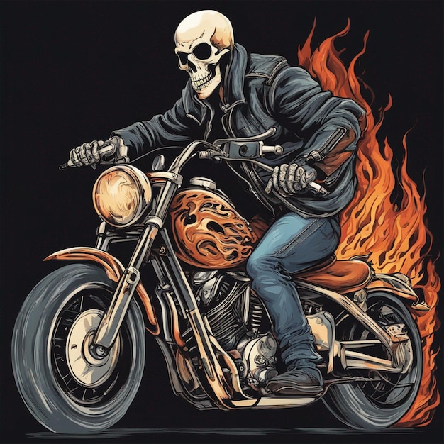 Homme à crâne avec design de t-shirt de moto de feu