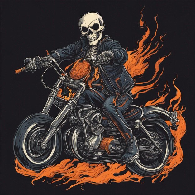 Homme à crâne avec design de t-shirt de moto de feu