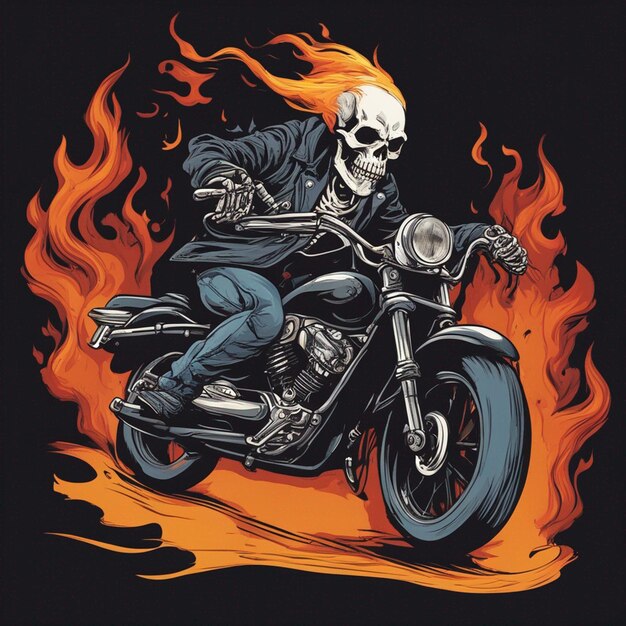 Homme à crâne avec design de t-shirt de moto de feu