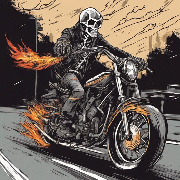 Photo homme à crâne avec design de t-shirt de moto de feu