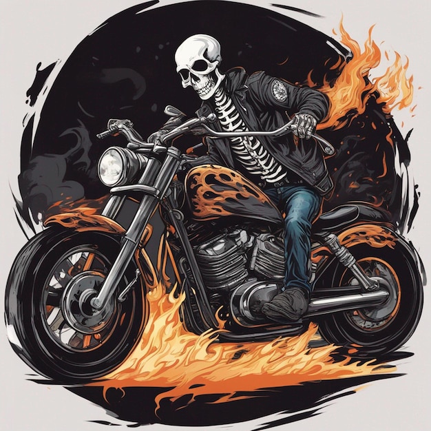 Photo homme à crâne avec design de t-shirt de moto de feu