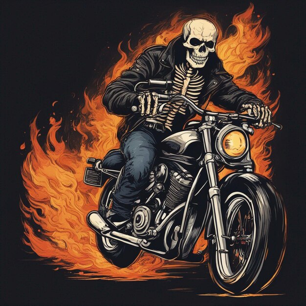 Photo homme à crâne avec design de t-shirt de moto de feu