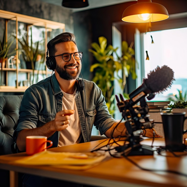 L'homme créant du contenu numérique, qu'il s'agisse d'un podcast ou d'une vidéo, utilise des caméras, des microphones et des ordinateurs.