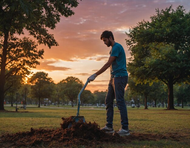 un homme creusant dans un cimetière avec des arbres en arrière-plan