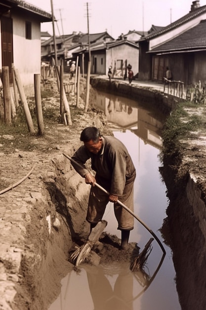 Photo un homme creuse dans une flaque de boue avec une houe en arrière-plan.