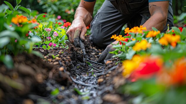 Photo un homme creuse le sol avec un tuyau de jardin