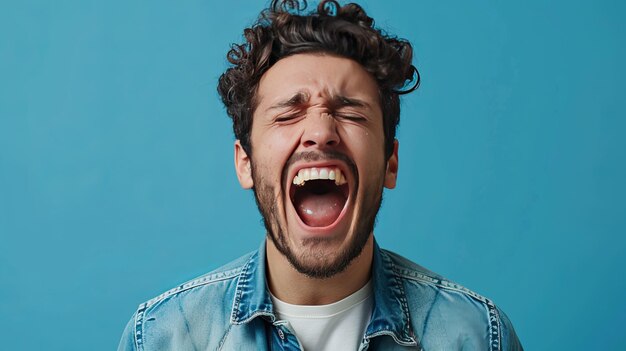 Un homme criant fort sur un fond bleu isolé