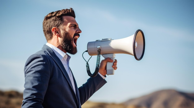 L'homme crie dans un mégaphone