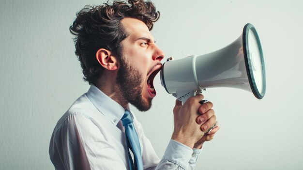 Photo l'homme crie dans un mégaphone