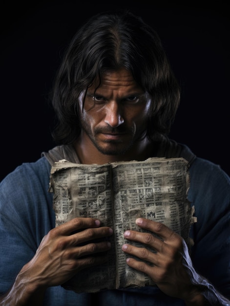 Photo un homme avec une croix lit la bible jésus-christ dieu avec la bible religion christianisme baptême résurrection le chemin des justes