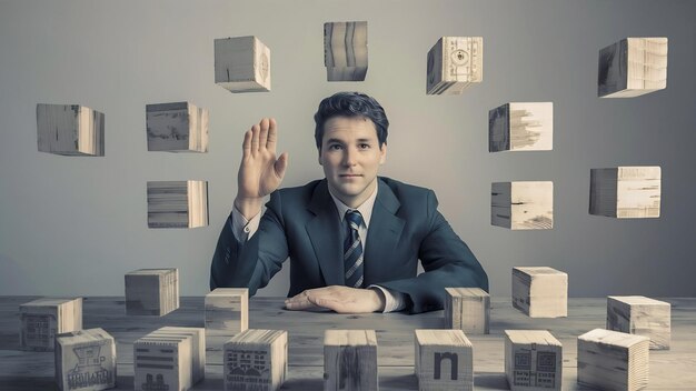 L'homme et les cubes de bois sur la table concept de gestion