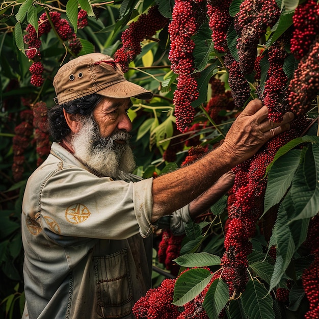 Photo un homme cueille des baies rouges d'un arbre