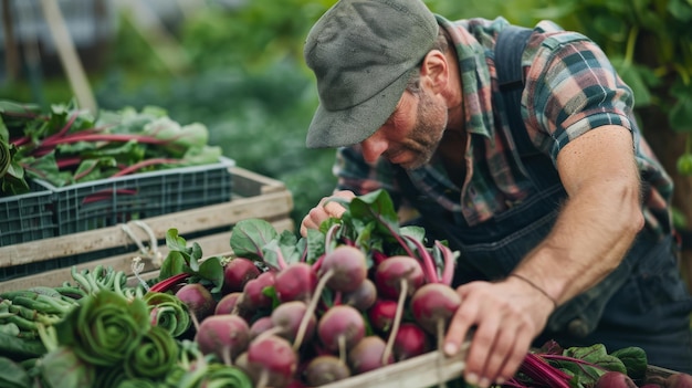 Un homme cueille des légumes frais dans un jardin luxuriant par une belle journée ensoleillée