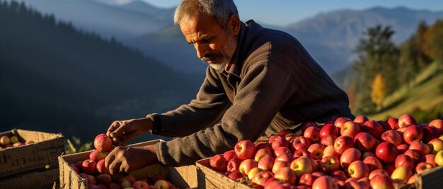 un homme cueille des pommes d'une boîte