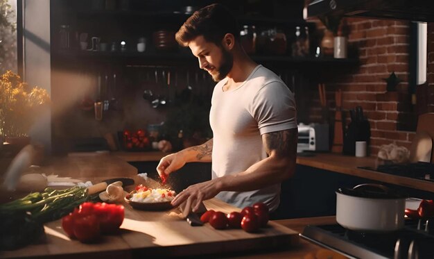 Photo un homme cuisinant dans la cuisine.