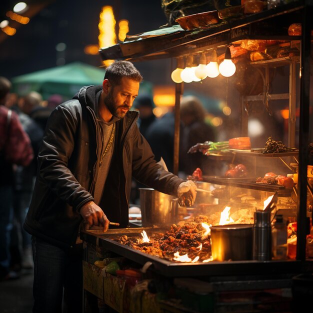 Un homme cuit de la nourriture à un stand de nourriture dans un marché