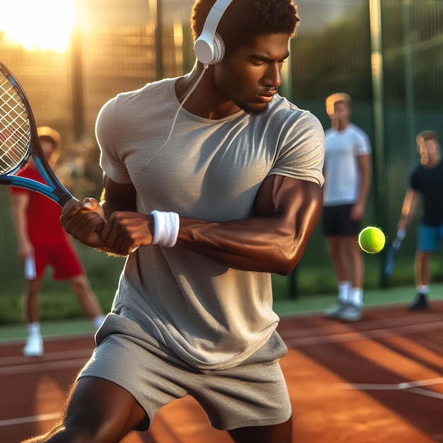 Un homme culturiste jouant au tennis dans le sol image ai