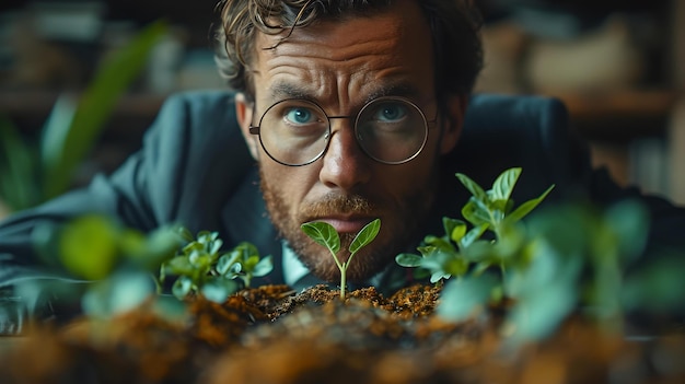 Homme curieux observant de près la croissance de petites plantes, de nouveaux départs nourris avec soin, gros plan, moment d'introspection IA