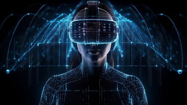 Homme cyborg avec des lunettes de réalité virtuelle rendu 3D sur fond sombre ai générative