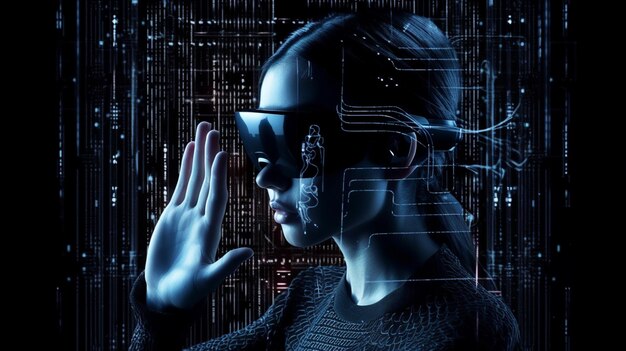 Homme cyborg avec des lunettes de réalité virtuelle rendu 3D sur fond sombre ai générative