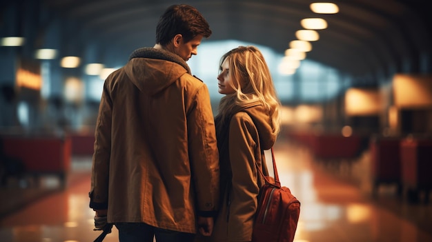 Homme et dame en pleine longueur alors qu'ils embrassent leur attrayante aurore opposée