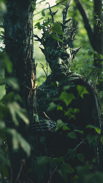 un homme dans un arbre avec une barbe verte et une barbe