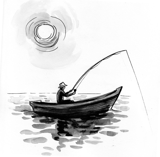 Homme dans le bateau avec canne à pêche. Dessin à l'encre et à l'aquarelle