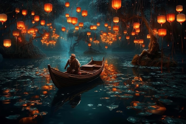 Un homme dans un bateau dans une forêt pleine de lanternes