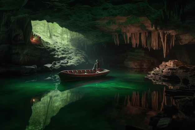 Un homme dans un bateau dans une grotte avec une lumière verte au plafond.