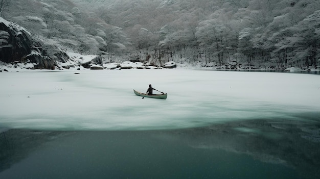 Un homme dans un bateau est sur un lac gelé dans la neige.