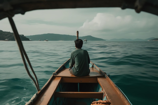 Un homme dans un bateau face à la mer