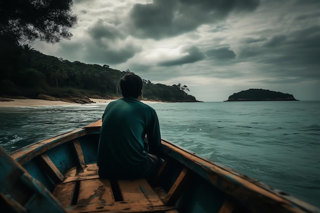 Un homme dans un bateau face à la mer