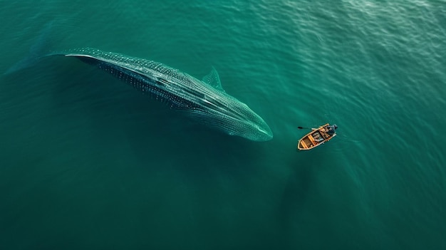 Un homme dans un bateau flotte à côté d'une grosse baleine générative Ai