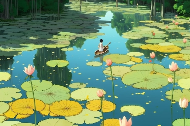 Un homme dans un bateau flotte sur un étang avec des fleurs de lotus.