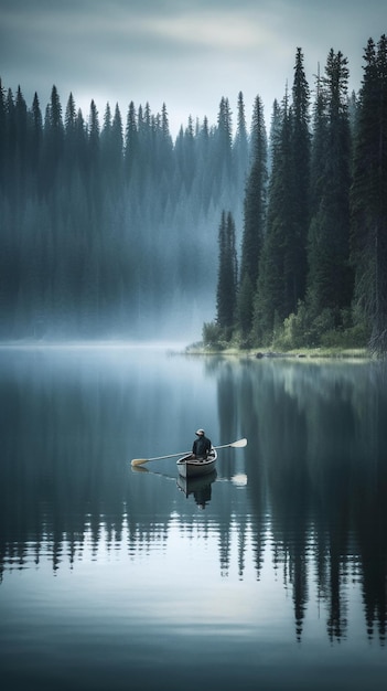 Un homme dans un bateau sur un lac avec un fond brumeux.