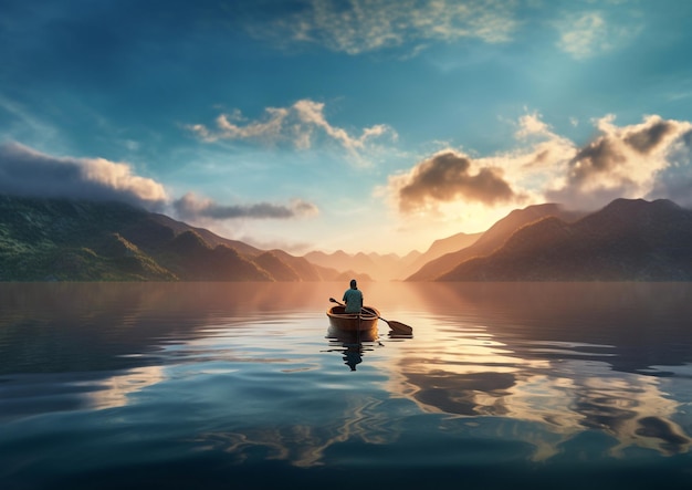 un homme dans un bateau sur un lac avec des montagnes en arrière-plan