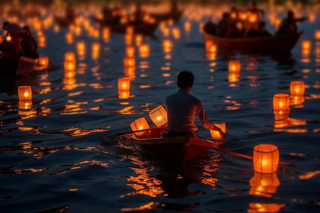Un homme dans un bateau avec des lanternes sur l'eau