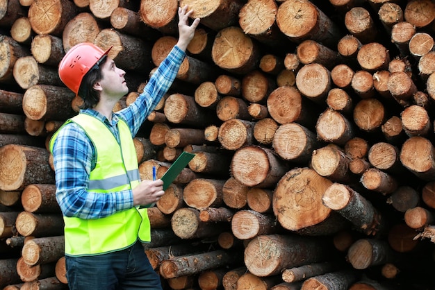 Homme dans le bois de charpente de travailleur de casque