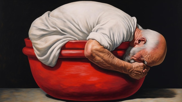 Un homme dans un bol rouge dort sur une chaise rouge.