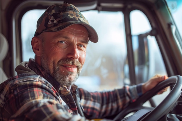 Un homme dans un camion sourit et conduit