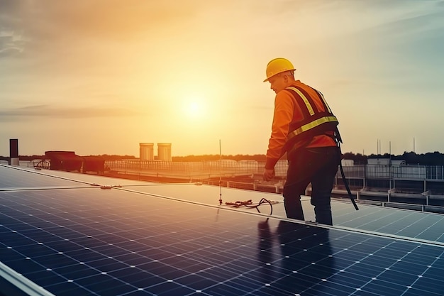 Un homme dans un casque de sécurité de construction se tient sur un toit avec un panneau solaire sur la droite.