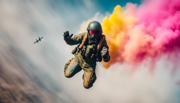 un homme dans un casque vole dans l'air avec un avion en arrière-plan